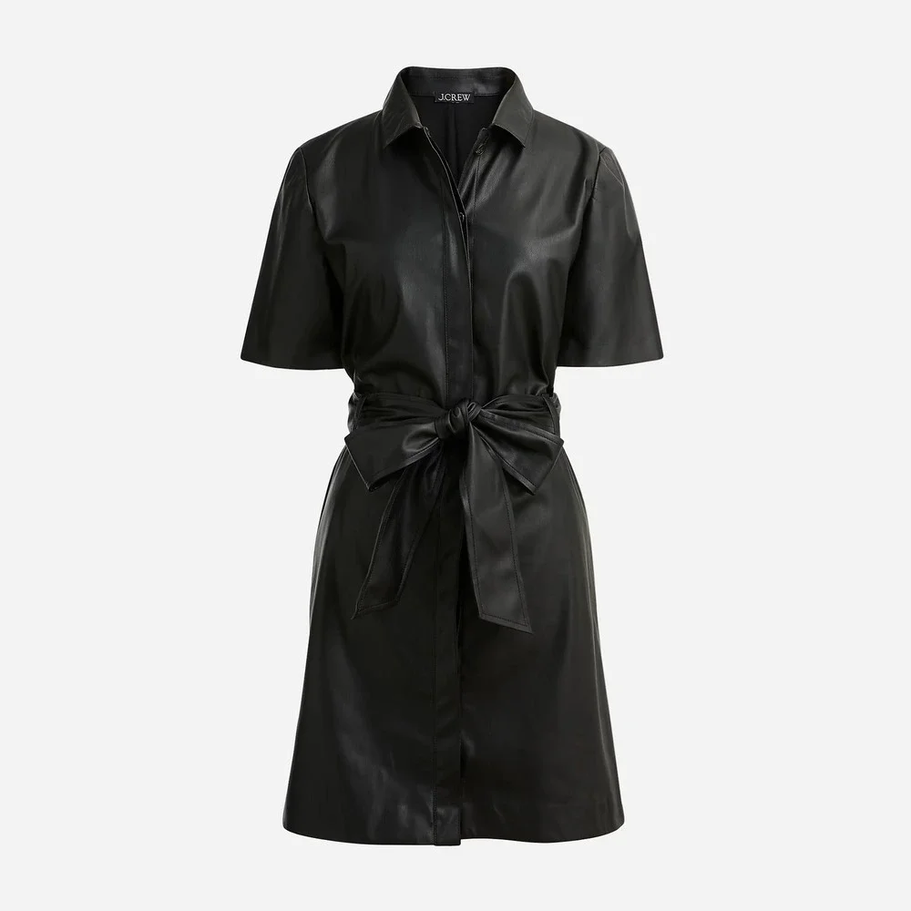 NWT!! J.‎ CREW Solid Black Button Front Faux Leather Dress Belted Vegan Small